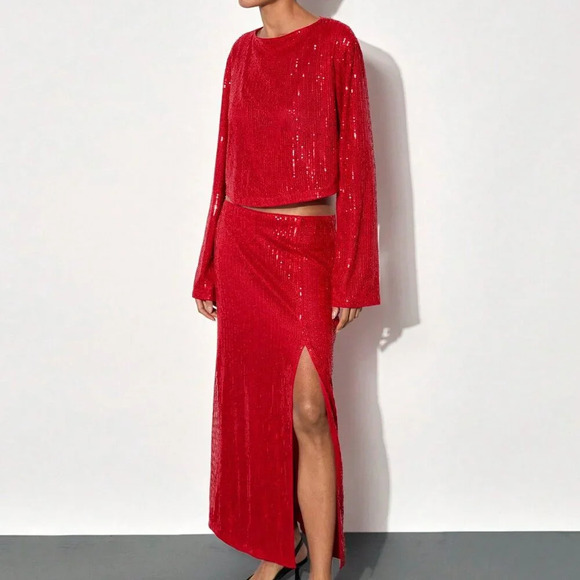 Red Party Women's Elegant Sparkling Sequin Side Slit Dress Set - Picture 1 of 6
